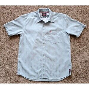 Quiksilver Button Up Shirt Men's Size Small Petite Striped Blue Short Sleeve